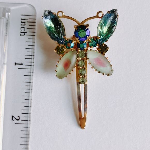 VTG 1950s Butterfly Hair Clip AB Rhinestones Frosted Molded Givre Glass Mid Cent - Picture 11 of 11